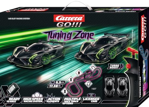 Carrera GO Tuning Zone – Rennbahn Set mit futuristischen Hypercars im Maßstab 1:43 – Slotcar Bahn mit Looping Fly-Over und Kreuzung für spannenden Actionspaß auf 5,3 m Strecke