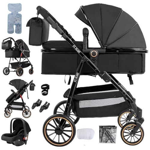 Prokoke Kinderwagen 3 in 1, Kinderwagen Set Einem Klick Faltbar, Kombikinderwagen 3 in 1 mit Umkehrbarem Zwei-Wege-Schub, Buggy Rahmen Aluminiumlegierung Baby Kleinkind Neugeborene (V8 Black)