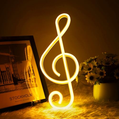 AOOTE Musik Leuchtreklame,Musiknoten förmiges Neonlicht,Musik LED Neonschilder für Wanddekor,USB und Batterie betrieben,Musikalische Neon Lights für Bar, Musik Party, Studio (Warmweiß)