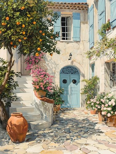 STYLER Leinwandbild Tuscan Siesta 60x80 cm – Mediterranes Hof-Motiv mit Orangenbaum – Italienisches Wandbild mit warmen Farbtönen