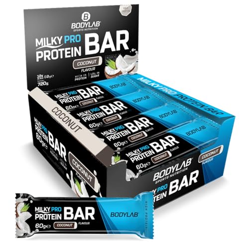 Bodylab24 Milky Pro Protein Bar Kokosnuss 12 x 60g, leckerer Protein-Riegel mit Schokoladenüberzug, mit bis zu 17g Eiweiß je 60g Riegel