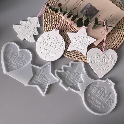 Silikonformen Gießformen Weihnachten, 4 Stück Silikonform Weihnachten Anhänger Silikonform Tannenbaum Stern Gipsformen zum Gießen Gießform Herz Anhänger Gießformen Silikon Weihnachten (A)