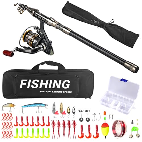 Angelrute Set Komplett, 1.8m Teleskop Angelrute Spinnrute mit Angeln Rute Rolle Kombi Angelköder-Zubehör Tragetasche Fishing Rod Anfänger für Salzwasser-Süßwasser
