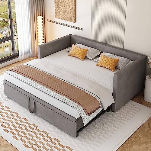 Dolamaní Tagesbett 90/180x200 cm mit Gästebett, Ausziehbett Gleiche Höhe, Bett Ausziehbar zum Doppelbett, Schlafsofa für Erwachsene 2 Personen (Dunkel-Grau)