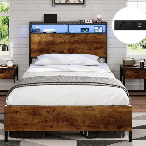 DICTAC Bett 90x200cm mit LED Beleuchtung, Metallbett mit Steckdose und USB-Ladefunktion, Bettgestell 90x200 Einzelbett mit Holzkopfteil Stauraum, Bettrahmen mit Lattenrost und Stauraum unter dem Bett