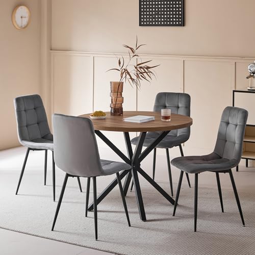 DEYARNA HOME Essgruppe 5-Teilig, 100cm Runder Esstisch und 4 Esszimmerstühle (Holländisches Vlies), Tisch und 4 Stühle für Küche, Wohnzimmer, Balkon, Restaurant, Büro (Dunkle Holzfarbe+Grau)