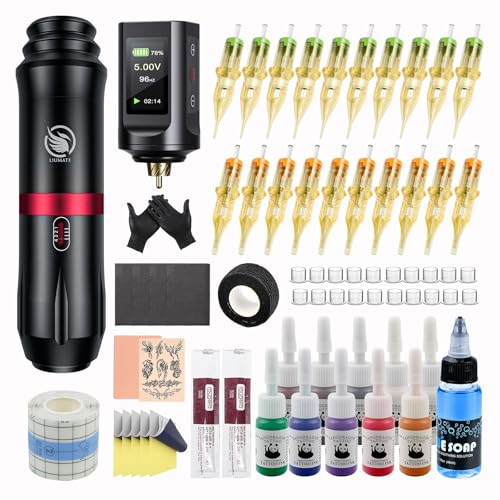 LIUMATE Maschine Set mit Drahtlose Batterie 1900mAh Drahtlos Stift 20 Patronen Nadel 10 Tinten Transferpapier Komplettes Zubehör