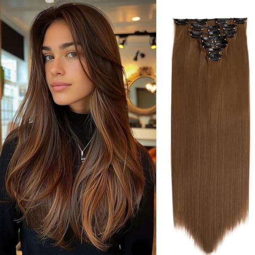 Swy Hair Clip-in-Haarverlängerung, gewellt, glatt, Kunsthaar, 7 Stück, Hellbraun, glatt