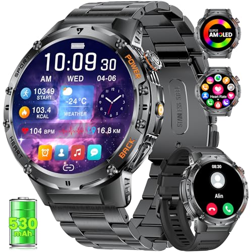 Smartwatch Herren Militär, 1.43'' AMOLED Sportuhr Herren mit Telefonfunktion, 132 Sportmodi, IP68 Wasserdicht Fitnessuhr mit Herzfrequenz/Schlafmonitor, 256 MB RAM, 530mAh großer Akku für Android iOS