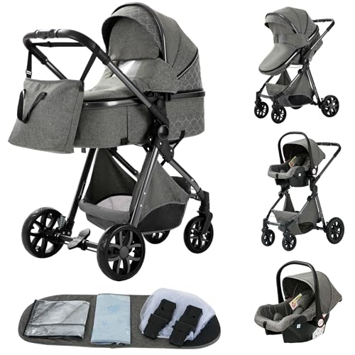 YAZOCO kinderwagen 3 in 1 Buggy Babybett Komplett Set Einem Klick Zusammenklappbarer Kinderwagen, KombiKinderwagen Aluminiumrahmen für Neugeborene Sitzzubehör (4 Dunkelgrau)