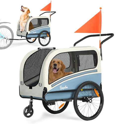 SEPNINE 2-in-1 XL Fahrradanhänger für Hunde, Hundeanhänger für Fahrrad - mit Dachöffnung, Reflektoren & Reflexstreifen, mit Schiebestange & Universal-Fahrradkupplung, Faltbar, Bis 50 kg, Blau