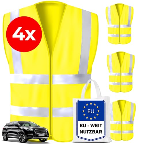 Kyto Warnwesten Auto Sicherheitsweste reflektierend - EU-Weit nutzbar iso 20471-4er Set Warneweste inklusive Tasche, Herren und Damen