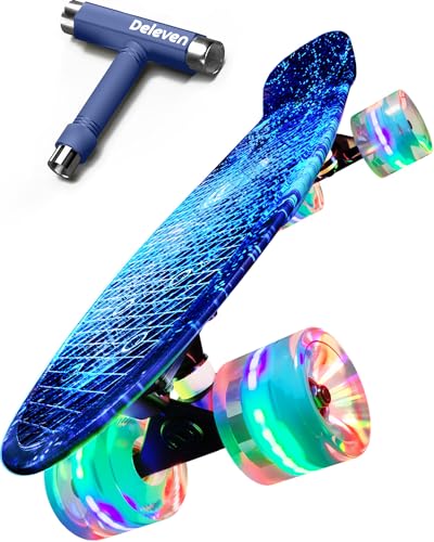 Deleven Skateboard mit LED Rollen, Skate Tool und ABEC 7 Lager - Kinder Erwachsene Anfänger - 56 cm