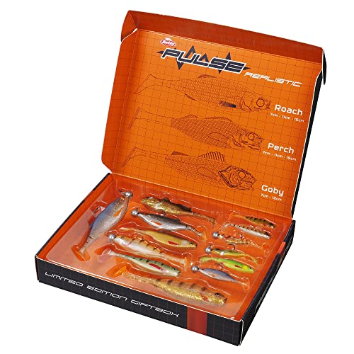 Berkley Pulse Realistic - Set mit 13 Gummiködern und 6 Jigköpfen. Geschenkbox für Angler, die auf Barsch, Zander, Hecht, Rapfen, Döbel und Forelle angeln.