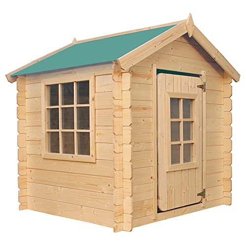 Timbela M570Z-1 Kinderspielhaus aus Holz - Spielhaus im Freien für Kinder - 111x113xH121 cm/0.9 m2 Gartenspielhaus - Garten-Sommerhaus für Kinder (Die Dachfarbe ist grün)