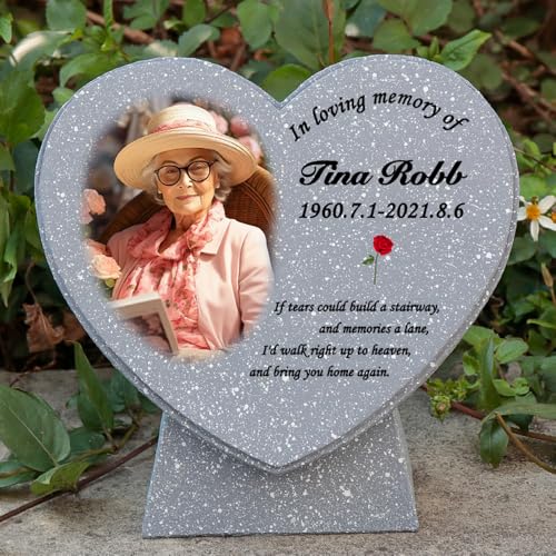 Personalisierte Gedenksteine für geliebte Menschen im Außenbereich – Herzförmige Gedenksteine für den Garten, Grabsteindekorationen für Friedhöfe, individuell mit beliebiger Botschaft und Foto, aus Ku