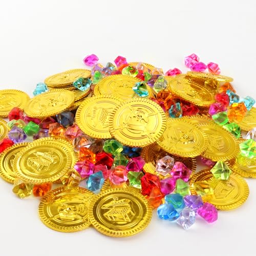 Bomtop 160 Stück Piratenschatz Goldmünzen für Piratenschatz, Kinder Schatzsuche, Mitgebsel,Mitbringsel, Schatzkiste Piraten Deko Kindergeburtstag(60 Pirat Münzen +100 Kinder Piraten Edelsteine)
