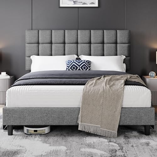 Yaheetech Polsterbett 160 x 200 cm Doppelbett mit Höhenverstellbarem Kopfteil, Stabiler Bettrahmen Stoffbett mit Lattenrost, Gepolstertes Bettgestell Bett, Hellgrau