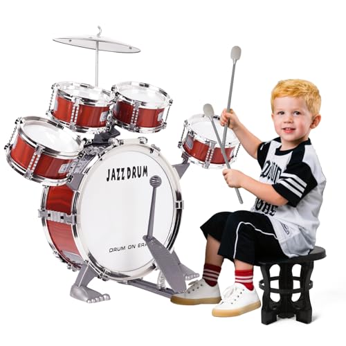 m zimoon Kinder Schlagzeug Schlagwerk Drumset, Jazztrommel Kleinkind Spielzeug 5 Trommeln mit Hocker Pedal Musikinstrument Urlaub Geburtstag Pädagogisches Geschenk für Jungen Mädchen Anfänger
