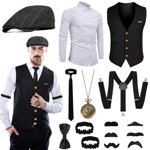 Fantspati 20er Jahre Accessoires Herren, 20er Jahre Kostüm Herren, Mafia Karneval Kostüm, Kleidung Zubehör mit Westen Hemd & Verschiedenen Accessoires für Halloween, Karneval Kostüm M
