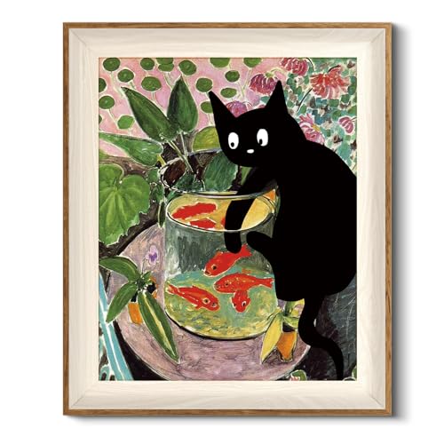 HUARCEY Gerahmt Vintage Wandbilder Wohnzimmer, Wanddeko mit Tiermotiven, Leinwand Bilder Wandbilder für Wohnzimmer & Schlafzimmer, Die Katze fängt Fische 30L x 25W cm