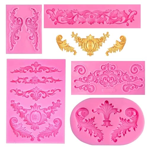 GIUSOBG 5 Stücke Fondant Formen Silikon, Fondant Formen Barock, 3D Barock Vintage Silikonform Fondant,Vintage Formen Silikon, Relief Silikonformen, für Fudge, Kuchen, Schokolade, Dessertdekoration