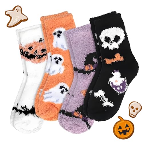 agogue 4 Paar Halloween Socken, Flauschige Socken, Hallow, Kuschelsocken, Warme für Mädchen 34-41 Damen Winter Warmes Schlafen Hallowe Dicke Damen