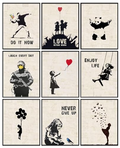 INFUNLY 9er Set Banksy Wand Kunstdruck Ungerahmt Graffiti Street Leinwand Wandkunst Inspirierende Zitate Panda Bild Abstrakt Street Pop Art Wandposter 8x10 für Schlafzimmer Wohnzimmer