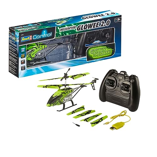 Revell Control 23940 RC Helicopter Glowee 2.0, 2.4GHz, einfach zu fliegen, Gyro, LED-Glow-in-the-Dark Effekte, Akku, ferngesteuerter Hubschrauber, grün, 25cm