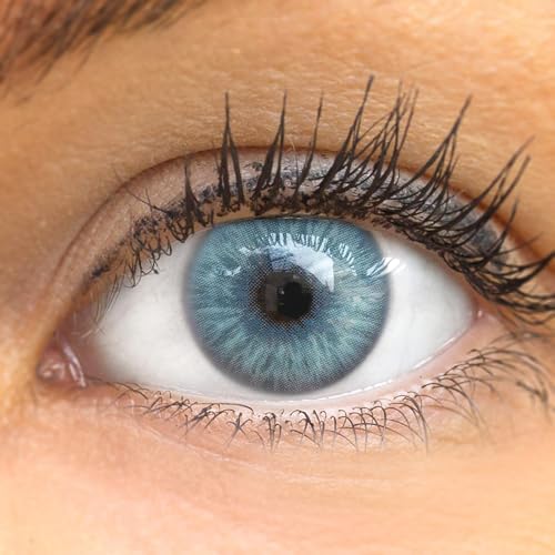 GLAMLENS Kontaktlinsen farbig 'Catania Ice Blue' ohne Stärke farbige blaue Monatslinsen weiche Linsen soft Hydrogel 2 Stück Farblinsen + Linsenbehälter 0.0 Dioptrien natürliche Farben Serie