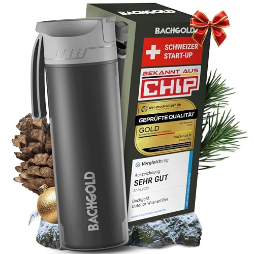 Bachgold® Profi Outdoor Wasserfilter Flasche I Entfernt 99,99% aller Bakterien und filtert Mikroplastik, Partikel und Chlor I Blackout & Krisensicher (Schwarz, 500ml)