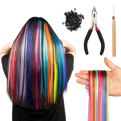 Bunte Haarverlängerungs Set 100 Stück Bunte Feder Haarverlängerungs Set mit Perückenzangenhaken und 100 Perlen Unsichtbar Haarsträhnen Kinder Haarsträhnen zum Einklipsen