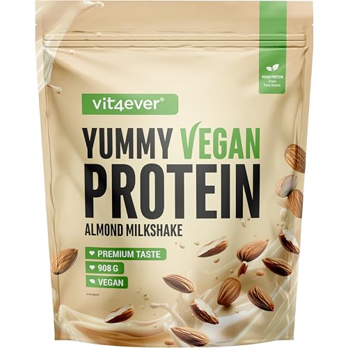 vit4ever Yummy Vegan Protein Almond Milkshake - Pflanzlicher Proteinshake mit bis zu 24,7 g Eiweiß pro Portion aus Fava-Bohnen-Isolat mit BCAA & Aminosäuren - Cremige Textur, leckerer Geschmack - 908g