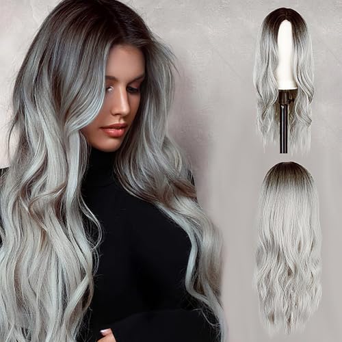 Halloween Perücke Damen, 75cm Ombre Grau Lang Wellig Perücken für Halloween Kostüm Damen Vampir Hexen Cosplay Wig Party (Braun)