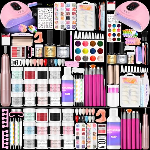 Major Dijit Acryl Nagel Set Komplett-Set mit LED Lampe & Elektro-Feile – 12 Farben Pulver+Monomer, Base-/Topcoat, Tips/Glitzer/Charms | All-inclusive Anfänger-Set mit Zubehör