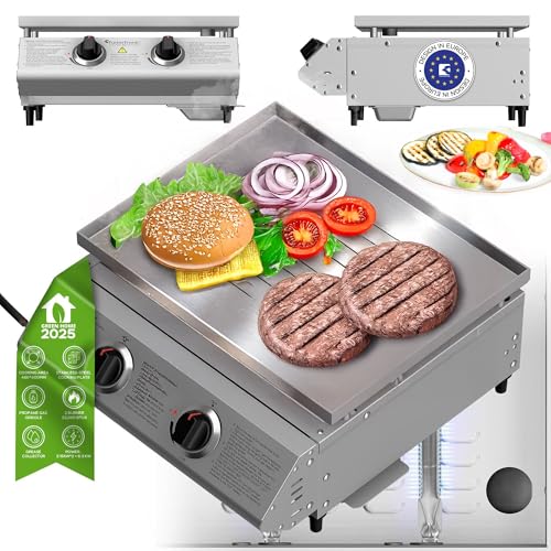 TurboTronic XXL Profi Gasgrill 46 × 40 cm – Edelstahl Grillplatte, 6,3 kW (2×3,15 kW Brenner) mit Turbo-Funktion für perfekte Smash Burger – Plancha/Griddle/Camping BBQ