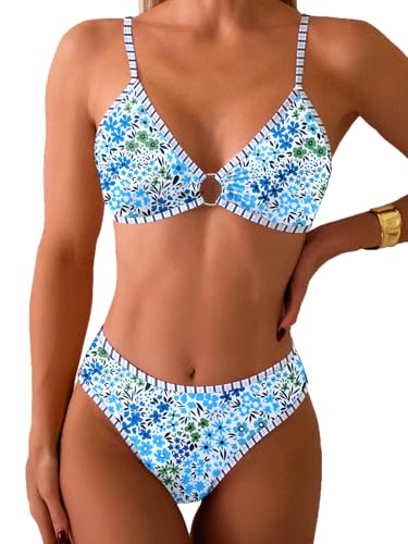 Fanuerg Triangel-Bikini-Set für Damen, O-Ring, Zweiteiliger Badeanzug, Blumendruck, frecher Badeanzug, Blaues Blumenmuster 2, Medium