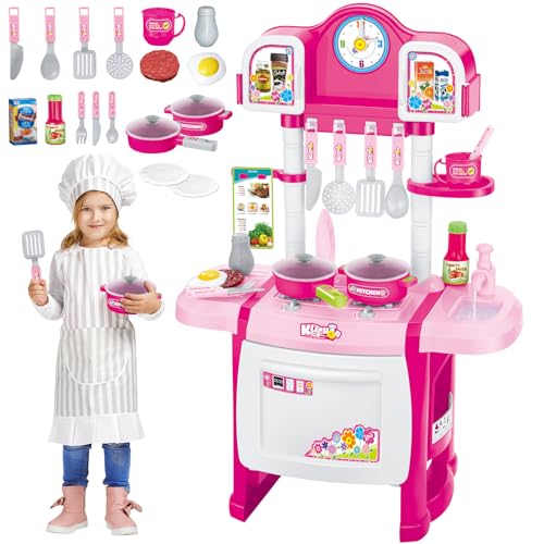 deAO Miniatur-Küchenspielset My Little Chef, Kinderküche Rollenspiel mit Licht und Sound, Wasserspielen und 18 Küchenzubehör, Spielküche Geschenke für Jungen und Mädchen | Rosa
