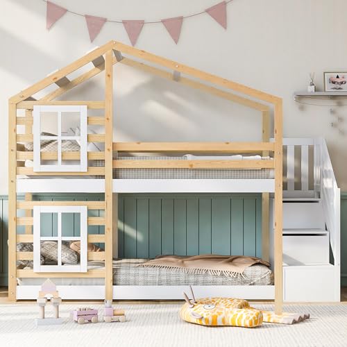 Kehun Etagenbett Kinderbett 90 x 200, Hausbett für 2 Kinder, Hochbett mit Holz Lattenrost, Holzbett mit Schublade und Fenster, Baumhaus Bett mit Rausfallschutz und Treppe, Natur & Weiß, Ohne Matratze.