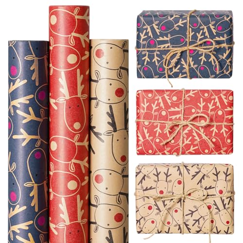 Koncci Geschenkpapier Weihnachten, 3 Rollen 70cm X 5m Recycelbares Weihnachtsgeschenkpapier, Kraftpapier mit Festlichem Elchmuster, füR Weihnachten, Geburtstag, Geschenkverpackung (Braun Blau Rot)
