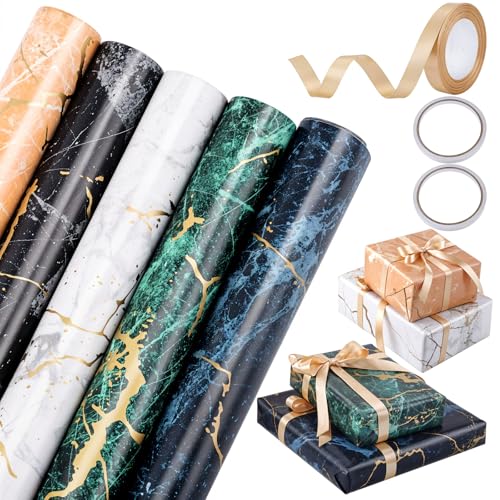 woric 5 Rollen Geschenkpapier Set, 43cm x 3m Geschenkpapier Marmor Geschenkpapier Geburtstag Geschenkpapierrolle mit Schleifenband Gold für Geburtstag Hochzeit Babyparty (5 Designs)