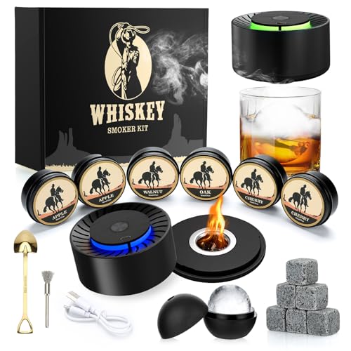 Elektrischer Whisky Smoker Set - 6 Holzchips, 6 Whisky Steine, Eisball-Form, Wiederaufladbare Whiskey Smoker Set, Cocktail Smoker Kit for Bourbon, Saturn Smoker Geschenk für Vater, Ehemann, Weihnachts