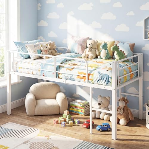 COSTWAY Hochbett 90x200 cm, Kinderbett mit Sicherheitsgeländern & 2 Leitern, Kinderhochbett platzsparend mit Stauraum unter dem Bett, Bettrahmen für Jungen & Mädchen (Weiß)