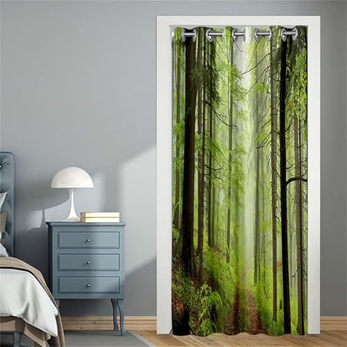 Odot Blackout Vorhang mit Ösen, 3D Landschaft Muster Verdunkelungsvorhänge Raumteiler Vorhang Thermo Türvorhang - Winddicht Türtrenner/Raumverdunkelung für Fenster (80x180cm,Wald A)
