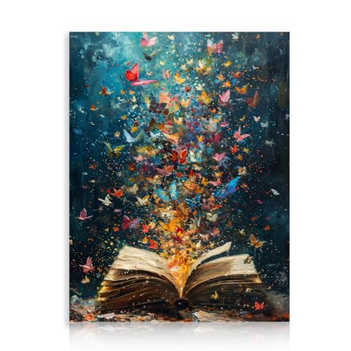 Dazzlewall Farbiges Schmetterlings Leinwand Bilder, Vintage Buch Schmetterling Ästhetik Wandbilder für Bibliothek Lesezimmer Schlafzimmer Deko 30×40 cm Ungerahmt