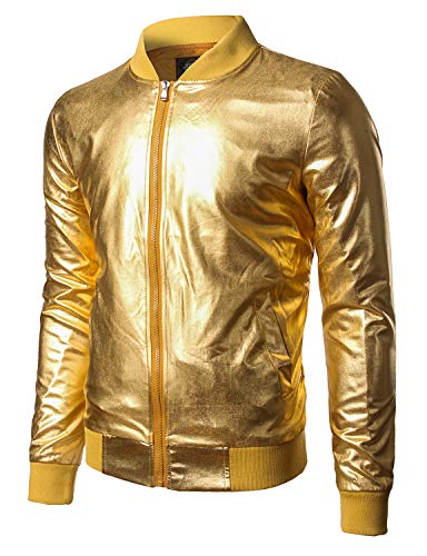 JOGAL Herren Metallic Nachtclub Reißverschluss Baseball Bomber Jacke Medium Gold