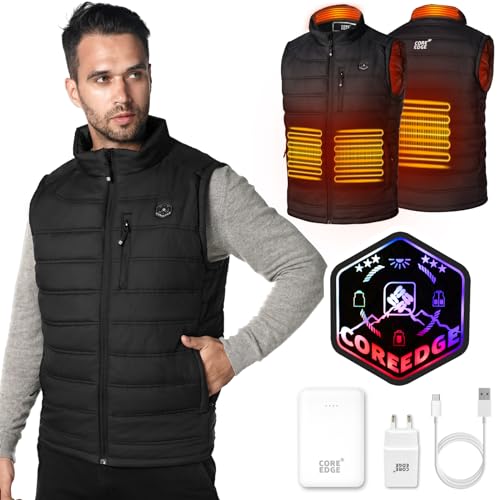 COREEDGE Beheizbare Weste Herren mit 10000mAh Powerbank, Heizweste mit Akku USB, Thermoweste Wärmeweste Herren mit 3 Stufen Temperatur, 4 Heizzone Weste Beheizbar