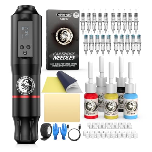 Wormhole Tattoo Maschine Set Wireless Tattoo Set mit 1,600 mAh Kapazität Drahtlose Stromversorgung Digital LED Display Tattoo Stift Set WTK279