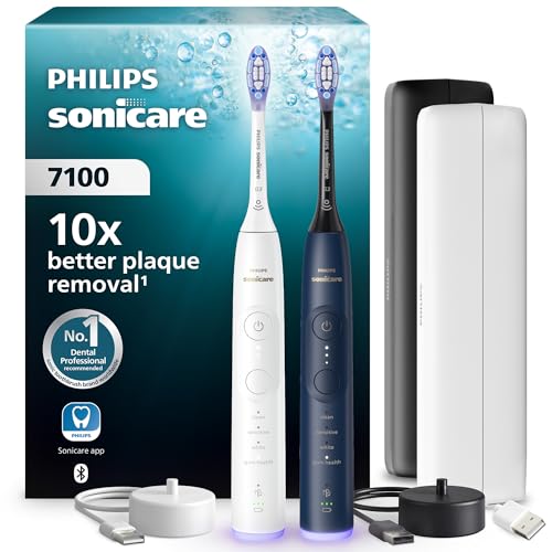 Philips Sonicare 7100 elektrische Zahnbürste, Schallzahnbürste mit App, 4 Putzmodi und 3 Intensitätsstufen, Andruckkontrolle, EasyStart, Weiß und Marineblau, 2er Pack, HX7429/01 [Neue Technologie]