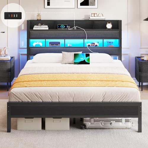 Bett 140×200 mit LED Beleuchtung & Ladestation (3 USB&1 Typ-C-Anschluss),Metallbett mit Lattenrost Bettgestell mit Stauraum Kopfteil aus Leinen,Jugendbett Einzelbett Gästebett Bettrahmen (140×200cm)